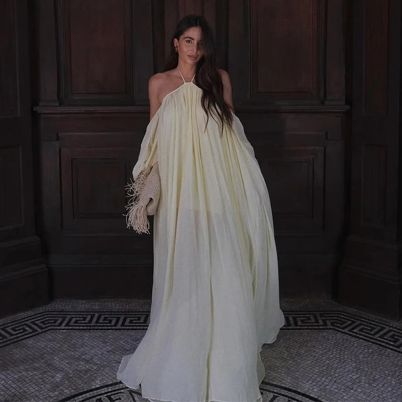 Sexy Halter Backless Party Gowns Women's Yellow Big Hem Off-shoulder Long Dresses 2026 Spring New Ladies Loose Beach Robes