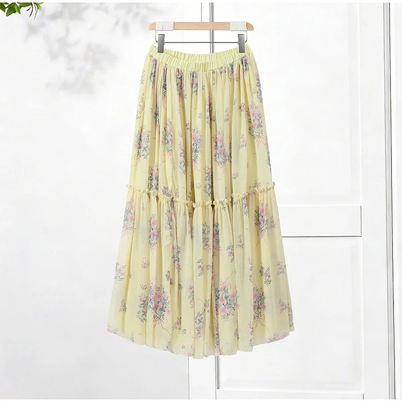 Floral Printed Women's Dress Lace Patchwork Spaghetti Strap Cami Top Female Tulle Ruffle Maxi Skirt Party Beach Dresses For Lady