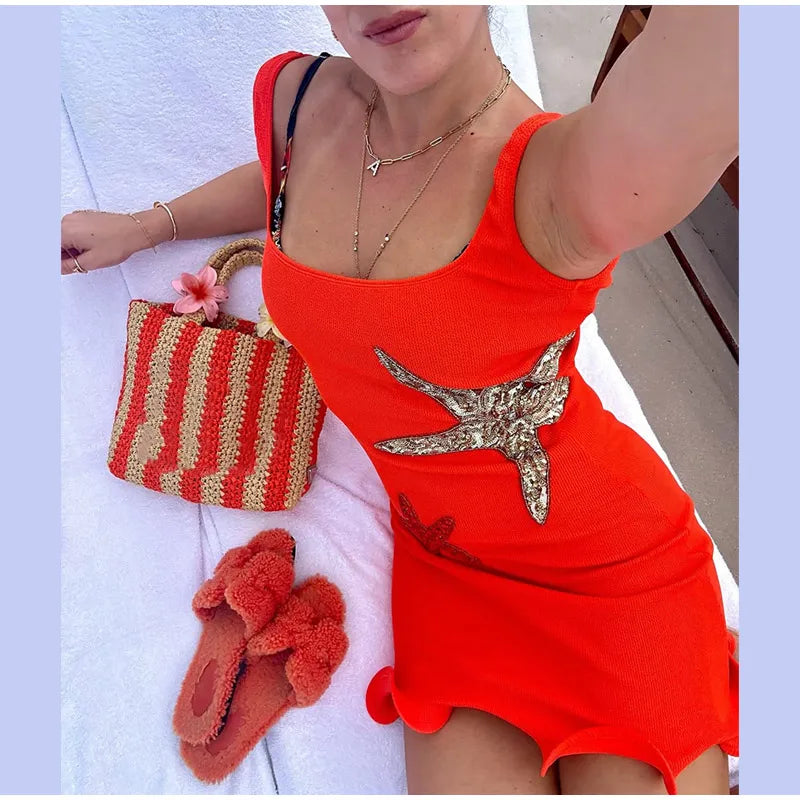 Stunning Shiny Stars Ruffles Hem Knitted Mini Dress