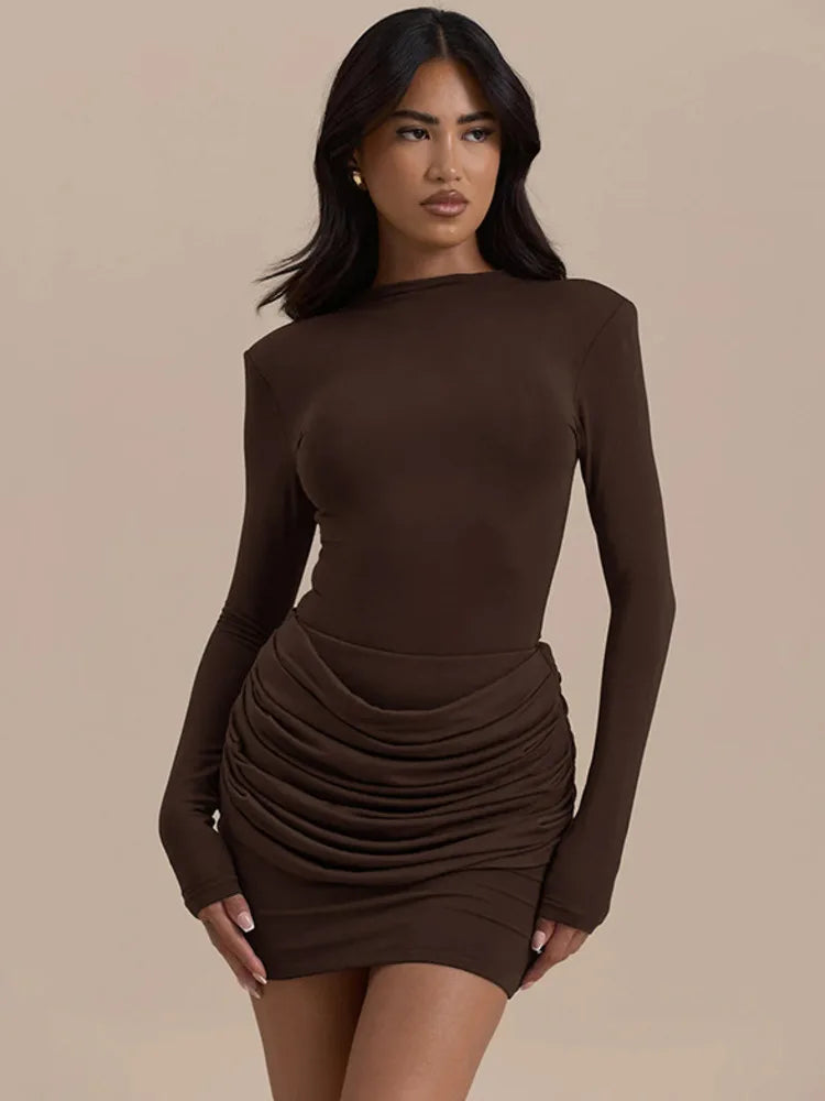 XIAOTANG Long Sleeve Ruched Sexy Mini Dress Women Autumn Winter New Elegant High Waist Bodycon Club Party Dresses Female
