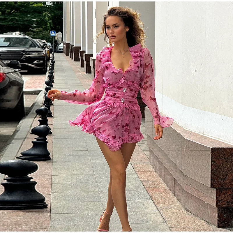 Sexy Print Cascading Ruffles A-line Dress Women Halter Bubble Sleeve Party Short Dresses 2026 Summer Lady Chic Holiday Robes