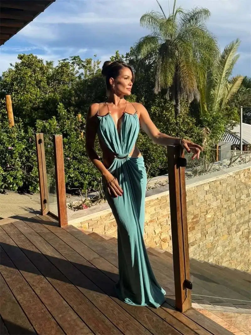 Halter Deep V Neck Maxi Dress Backless