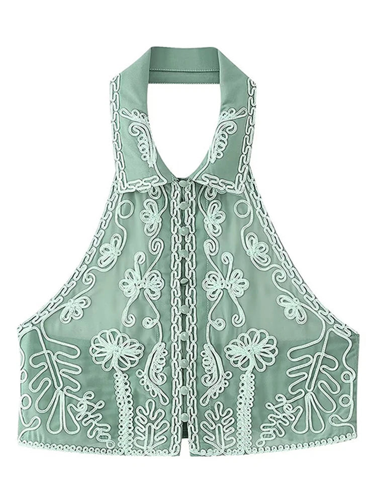 Floral Embroidery Halter Top Vest Breasted Mini Skirt Set Standing Collar Crop Women Short Tank Micro Transparent Crochet Skirts