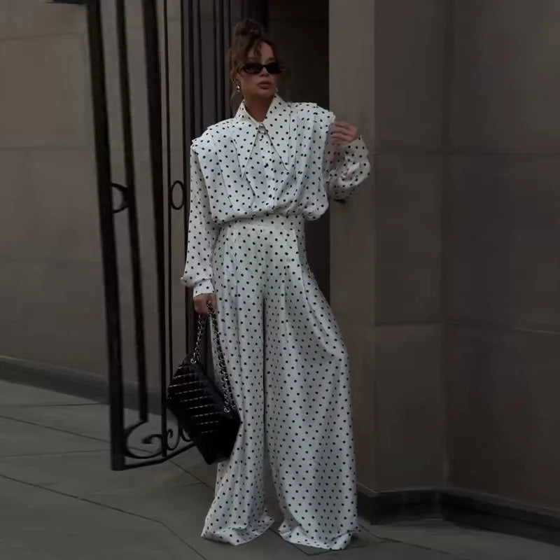 Casual Dot Shirt Pants Women Set Holidays Lapel Long Sleeve Blouse Wide Leg Pleated Trousers 2026 Spring Summer Lady Outfit