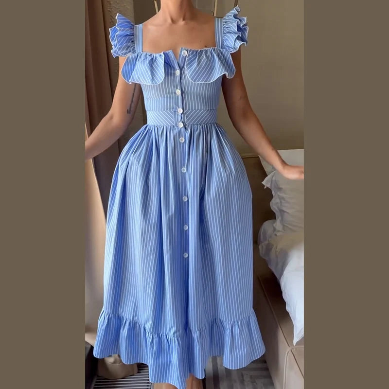 Elegant Striped Ruffled Women's Long Dress Square-Neck Single Breasted Flying Sleeve Dresses 2026 Summer Lady Party Beach Robes