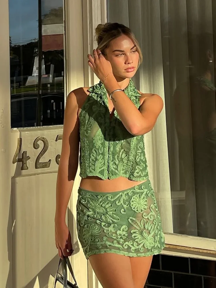 Floral Embroidery Halter Top Vest Breasted Mini Skirt Set Standing Collar Crop Women Short Tank Micro Transparent Crochet Skirts