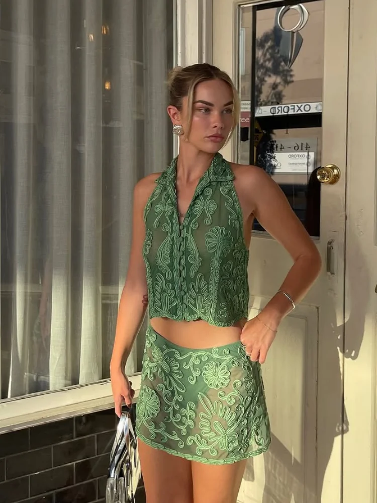 Floral Embroidery Halter Top Vest Breasted Mini Skirt Set Standing Collar Crop Women Short Tank Micro Transparent Crochet Skirts