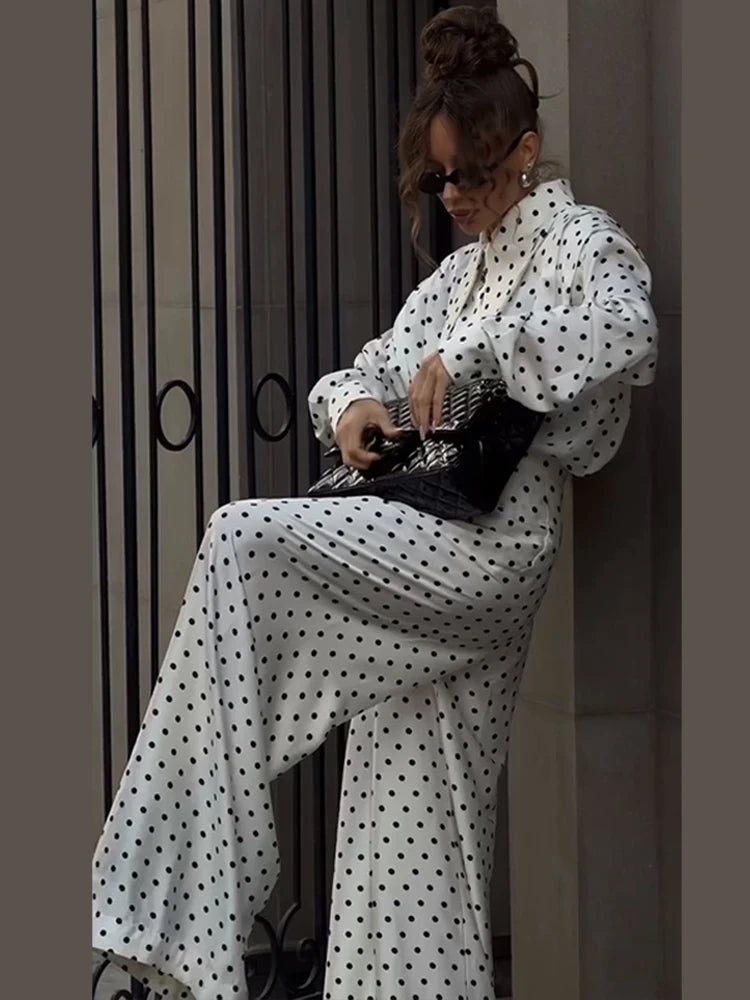 Casual Dot Shirt Pants Women Set Holidays Lapel Long Sleeve Blouse Wide Leg Pleated Trousers 2026 Spring Summer Lady Outfit