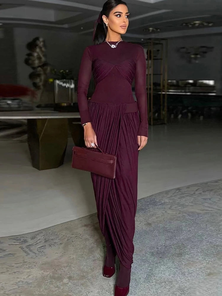 Weird Puss Wrapped Sexy Dress Women Mesh Patchwork Split Ruched Elegant Full Sleeve Trend Birthday Banquet Party Maxi Bodycon
