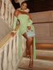 Mesh Simple Mini Dress Ribbons Full Sleeve Gloves