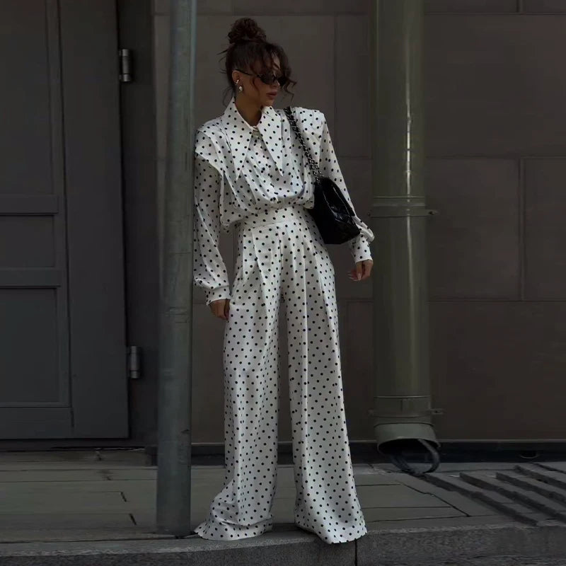 Casual Dot Shirt Pants Women Set Holidays Lapel Long Sleeve Blouse Wide Leg Pleated Trousers 2026 Spring Summer Lady Outfit