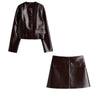 Leather Jacket Mini Skirts Set slim O-neck