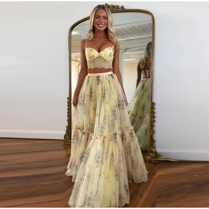 Floral Printed Women's Dress Lace Patchwork Spaghetti Strap Cami Top Female Tulle Ruffle Maxi Skirt Party Beach Dresses For Lady