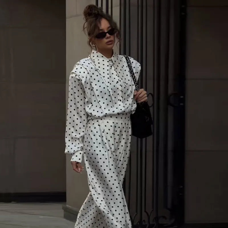 Casual Dot Shirt Pants Women Set Holidays Lapel Long Sleeve Blouse Wide Leg Pleated Trousers 2026 Spring Summer Lady Outfit