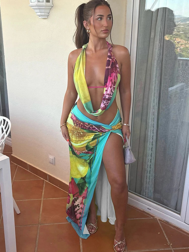 Nibber Sexy Colorful Leopard Women 2Piece Set Y2K Beach Vacation Halter Tank Tops+Wrapped Maxi Skirts Matching Vacation Clubwear