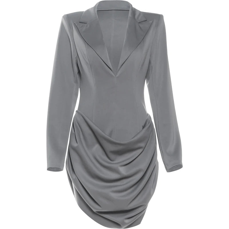 Nibber Office Dress Women Lapel Irregular Hem Full Sleeve Skinny Solid Simple Classic Elegant Autumn Trend Commute Mini Bodycon