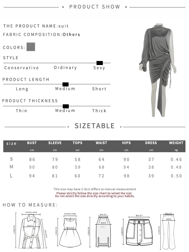 Nibber Asymmetry 2-Piece Set Women Mock Turtleneck One Sleeve Drawstringtops+Folds Tassel Irregular Hem Skirts Elegant Chic Suit