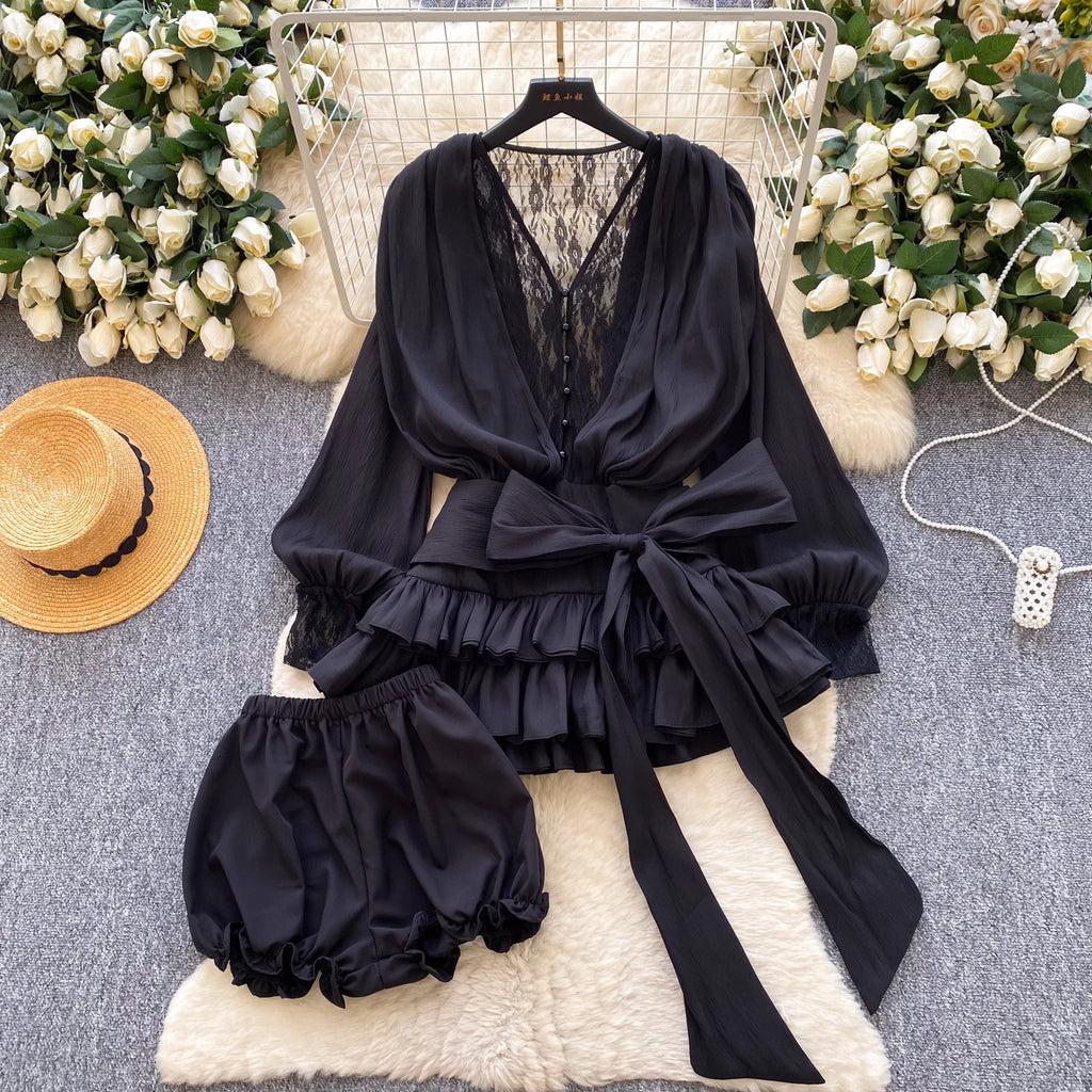 SINGREINY Fairycore Lace Chiffon Dresses With Stretch Shorts Pearl Button Bow Female Ruffles Sheer Seaside Holiday Mini Dress