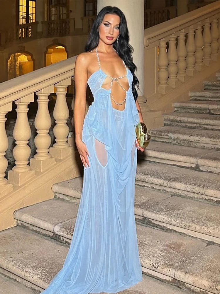 See Through Luxury Chain Halter dress