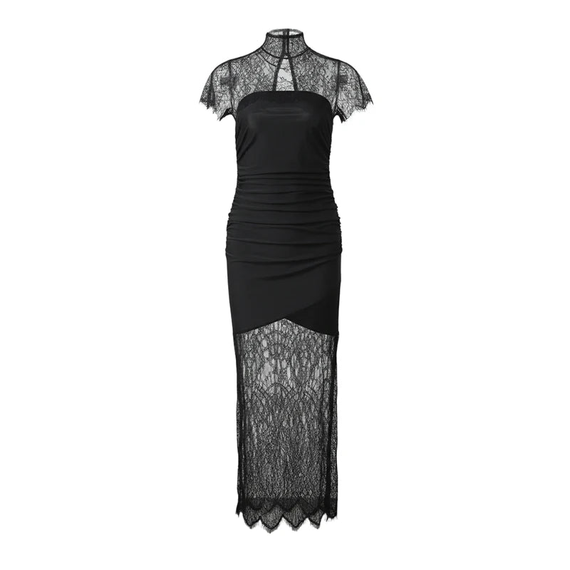 Sexy Lace Shawl Patchwork Strapless Dress Women Sleeveless Waist Cinched Split Pleated Slim Dresses Lady Evening Party Robe 2026