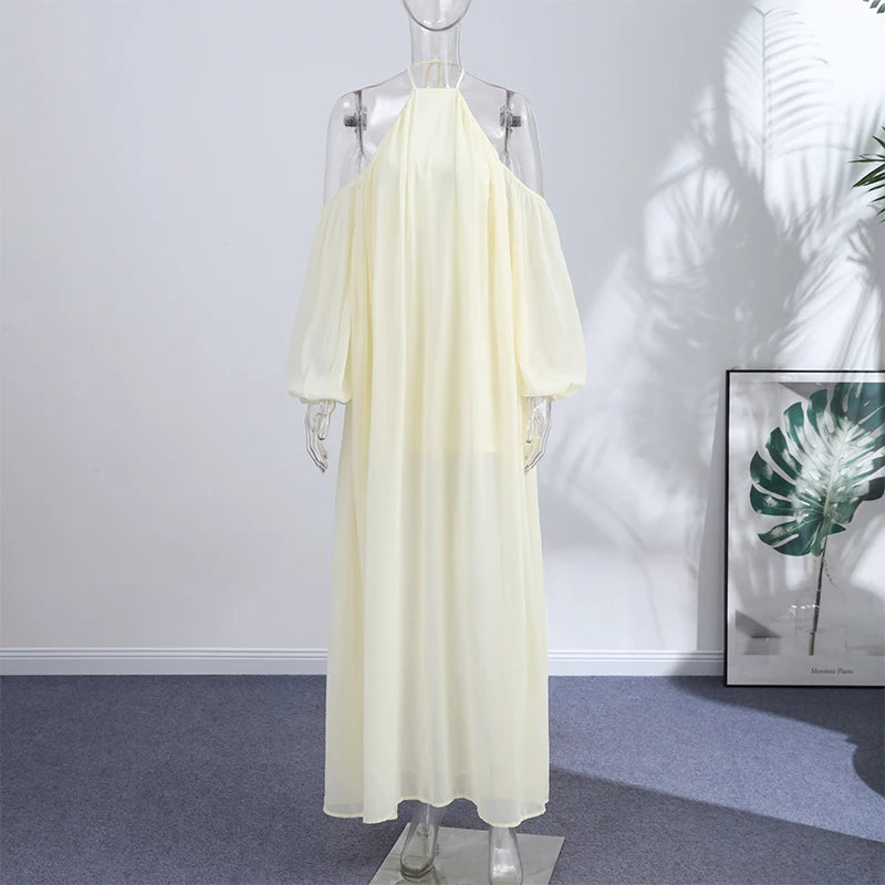 Sexy Halter Backless Party Gowns Women's Yellow Big Hem Off-shoulder Long Dresses 2026 Spring New Ladies Loose Beach Robes