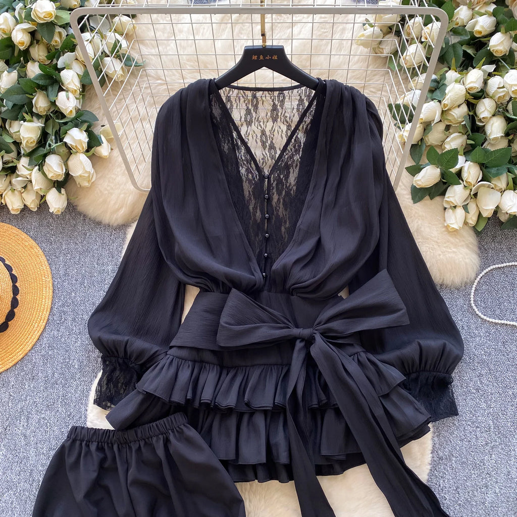 SINGREINY Fairycore Lace Chiffon Dresses With Stretch Shorts Pearl Button Bow Female Ruffles Sheer Seaside Holiday Mini Dress