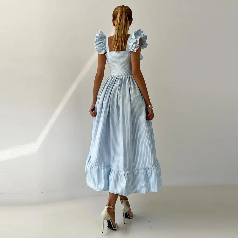 Elegant Striped Ruffled Women's Long Dress Square-Neck Single Breasted Flying Sleeve Dresses 2026 Summer Lady Party Beach Robes