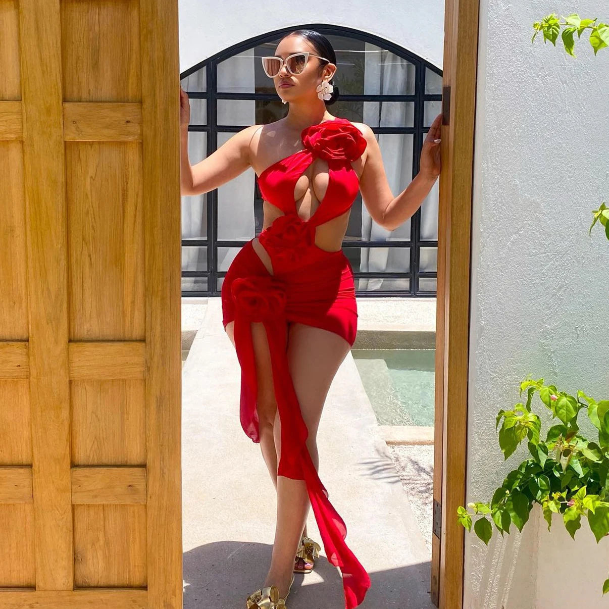 2026 Red Flower Swimsuit With Cover Up Desire Swim Suit Luxury Women Swimwear Sexy Hollow Bikini Beachwear Bodysuit Bathingsuit