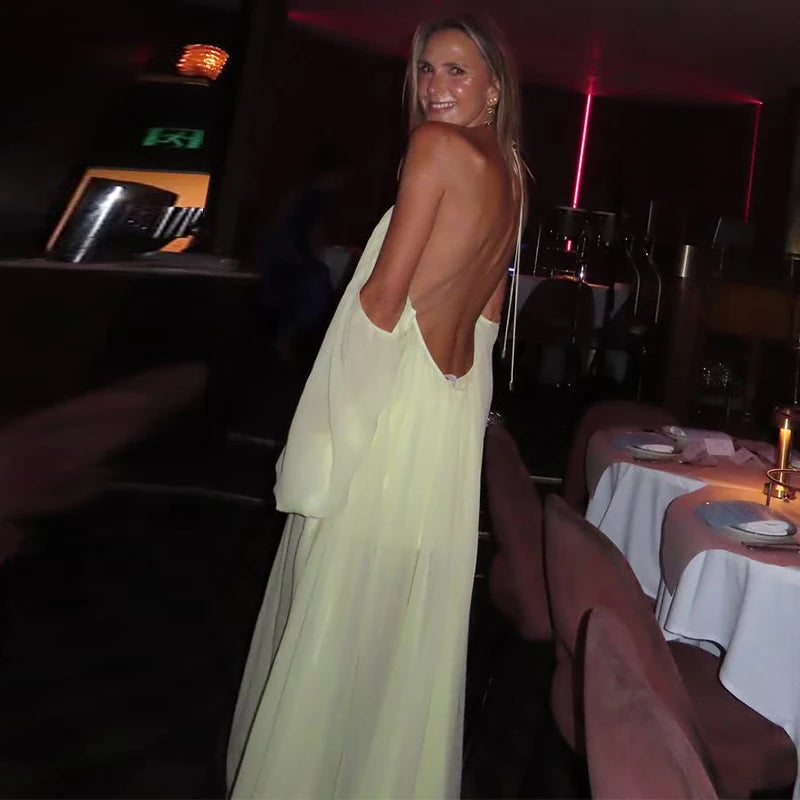 Sexy Halter Backless Party Gowns Women's Yellow Big Hem Off-shoulder Long Dresses 2026 Spring New Ladies Loose Beach Robes