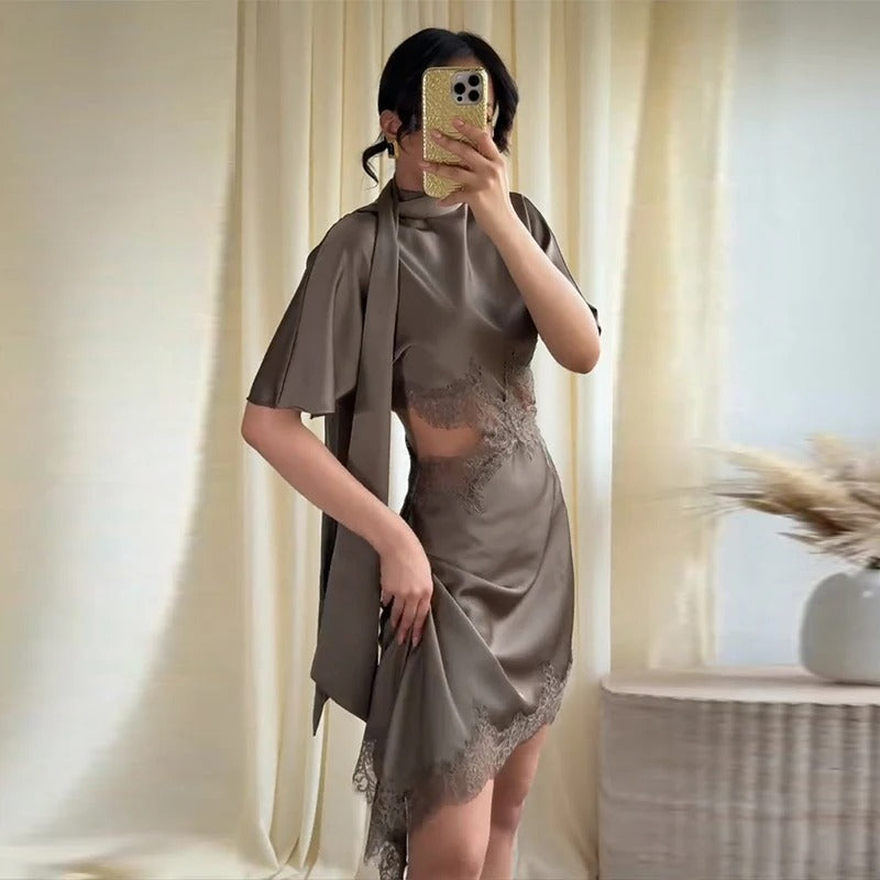 Mini Dress Asymmetrical Scarf Collar